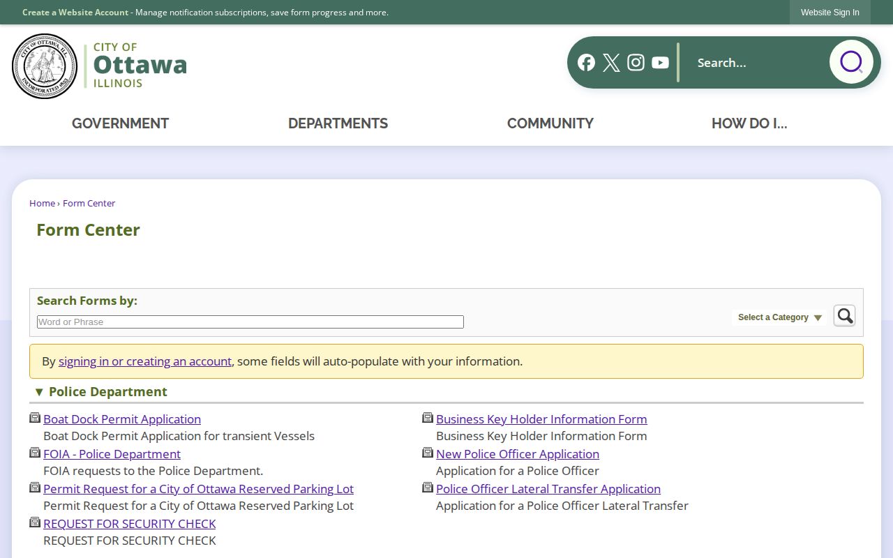 Ottawa Police Department online forms and records request page