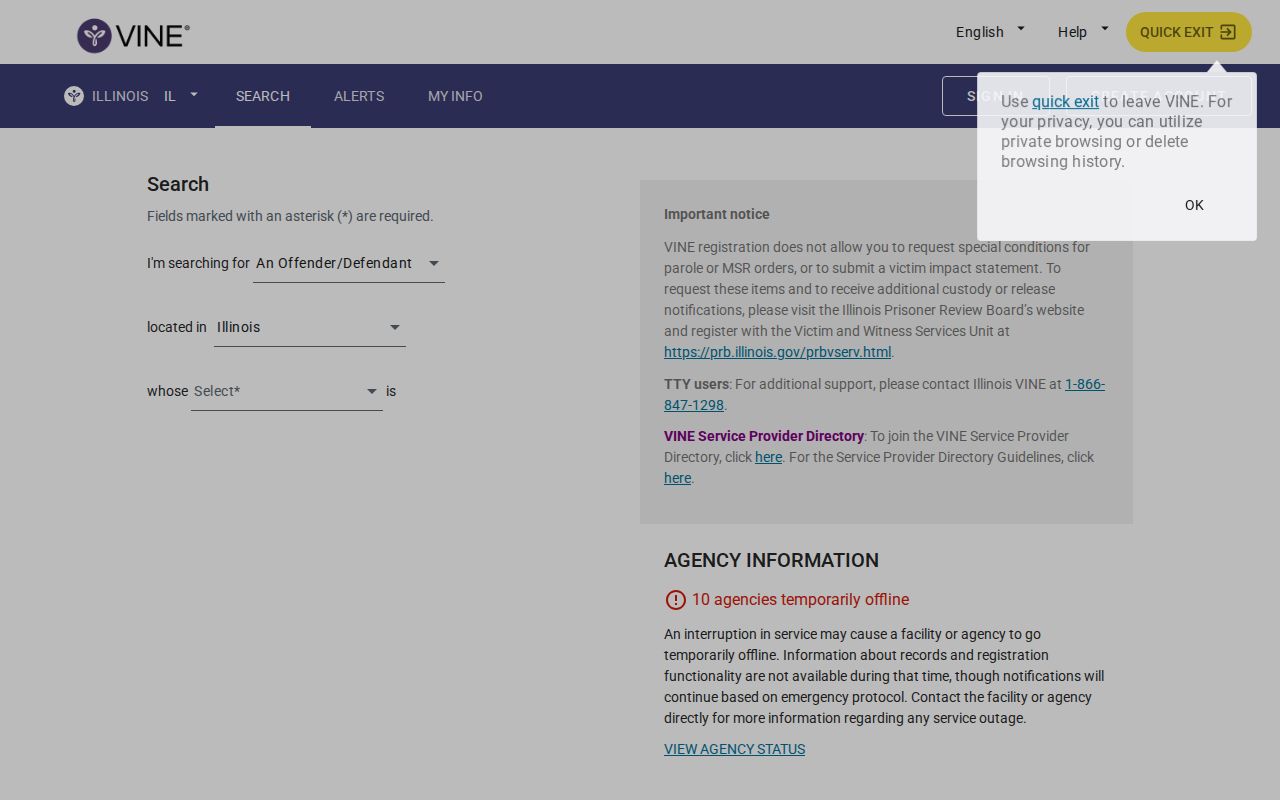 VINELink Illinois person search screen